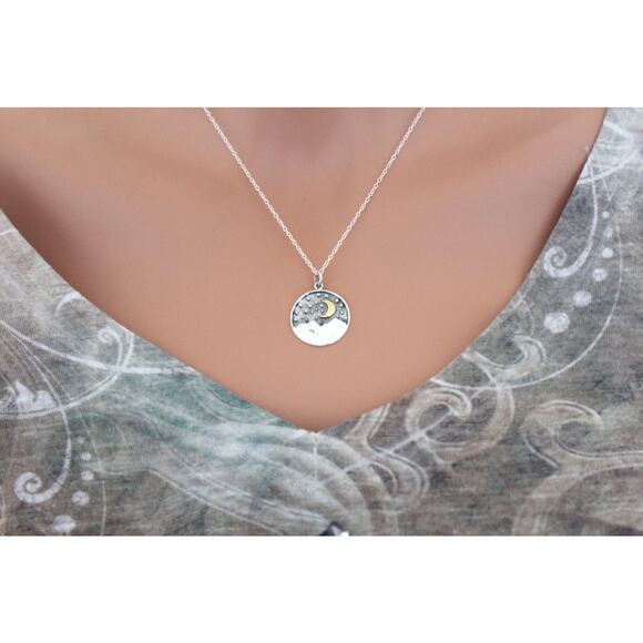 Sterling Silver Mountain Pendant with Bronze Moon Necklace, Moon Necklace - Picture 2 of 5